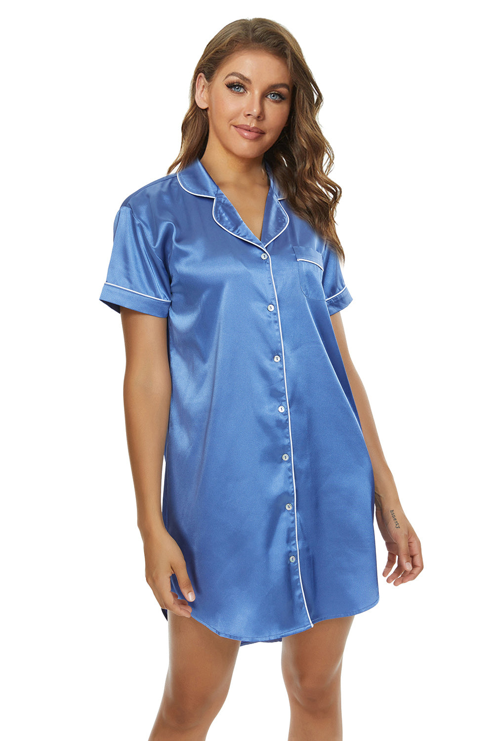 Short Sleeve Satin Boyfriend Collar Sleepwear Midnight