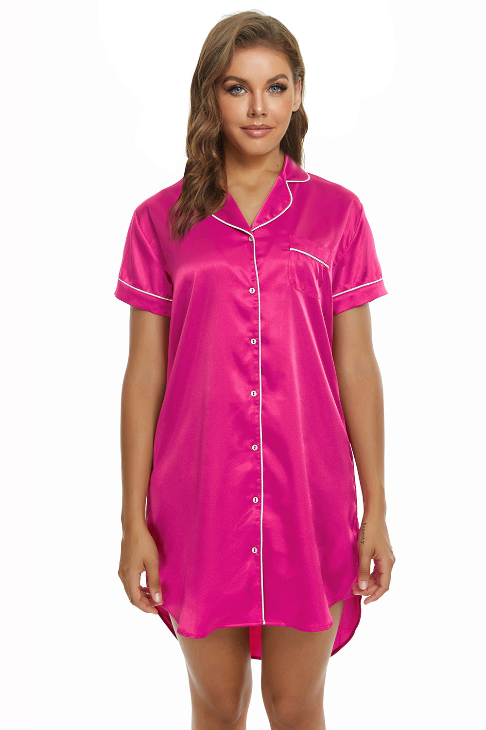 Short Sleeve Satin Boyfriend Collar Sleepwear Pink