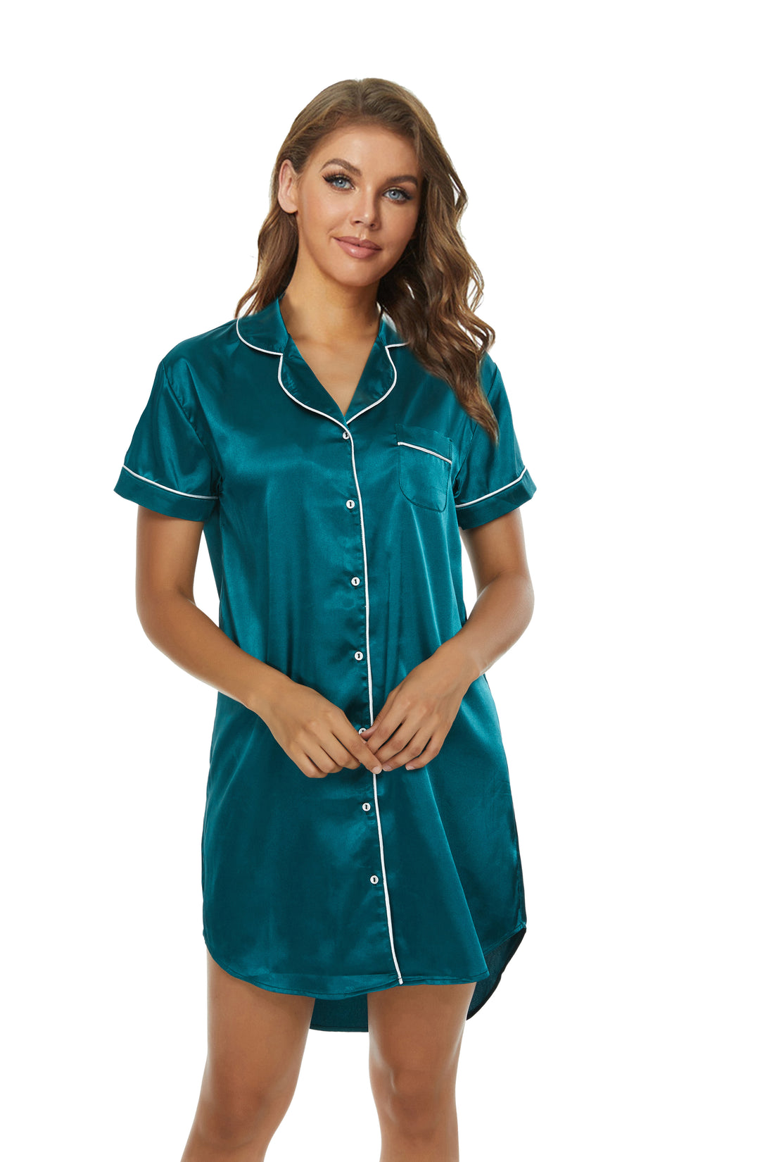 Short Sleeve Satin Boyfriend Collar Sleepwear Blackish Green