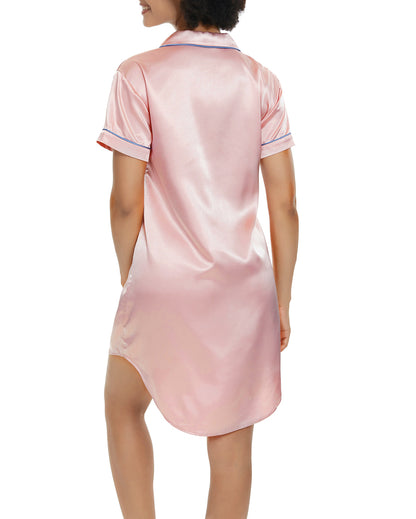 Short Sleeve Satin Boyfriend Collar Sleepwear Pearl Pink