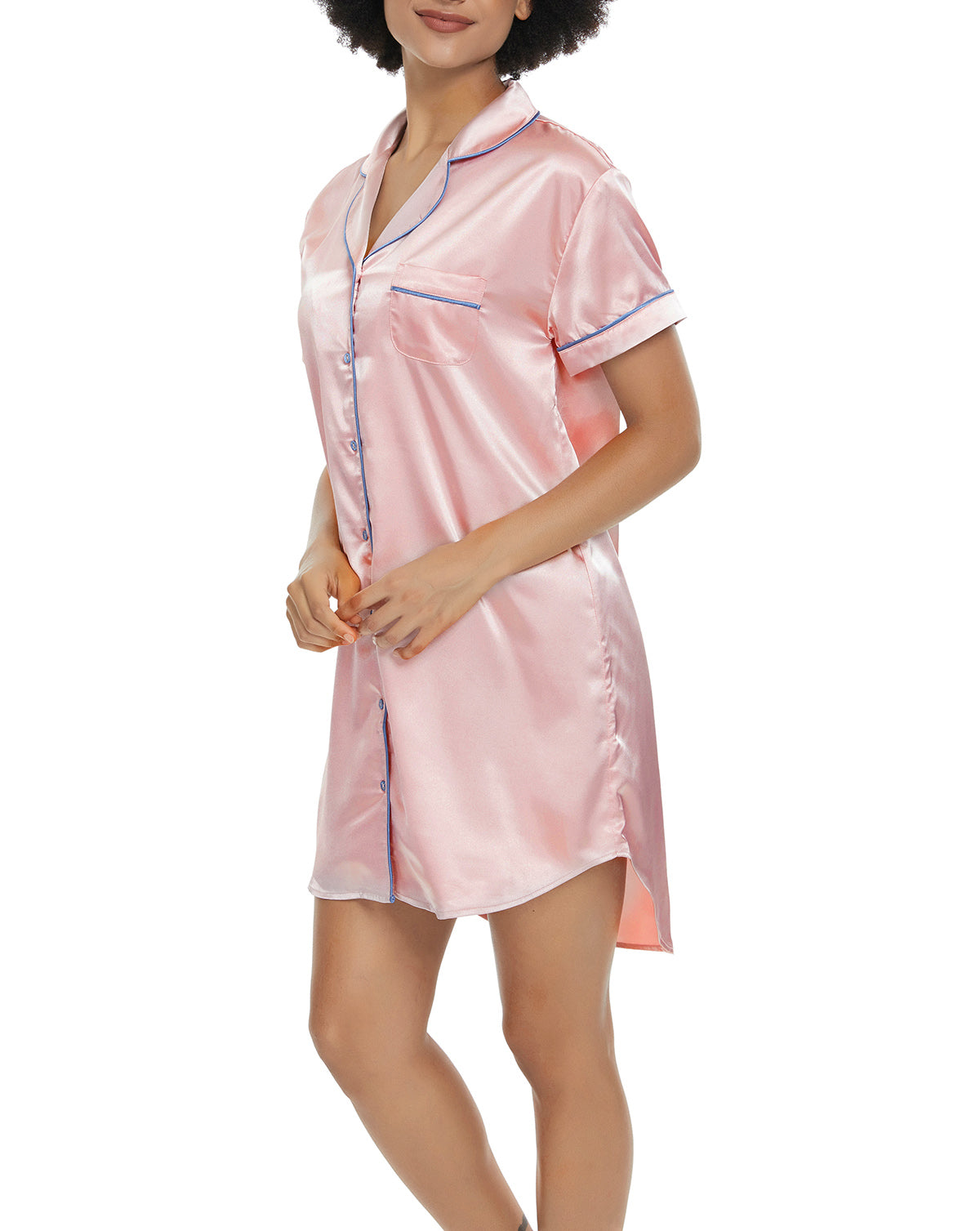 Short Sleeve Satin Boyfriend Collar Sleepwear Pearl Pink
