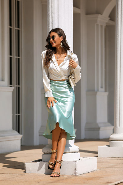 High Waist Silky Satin Fishtail Midi Skirt Mint