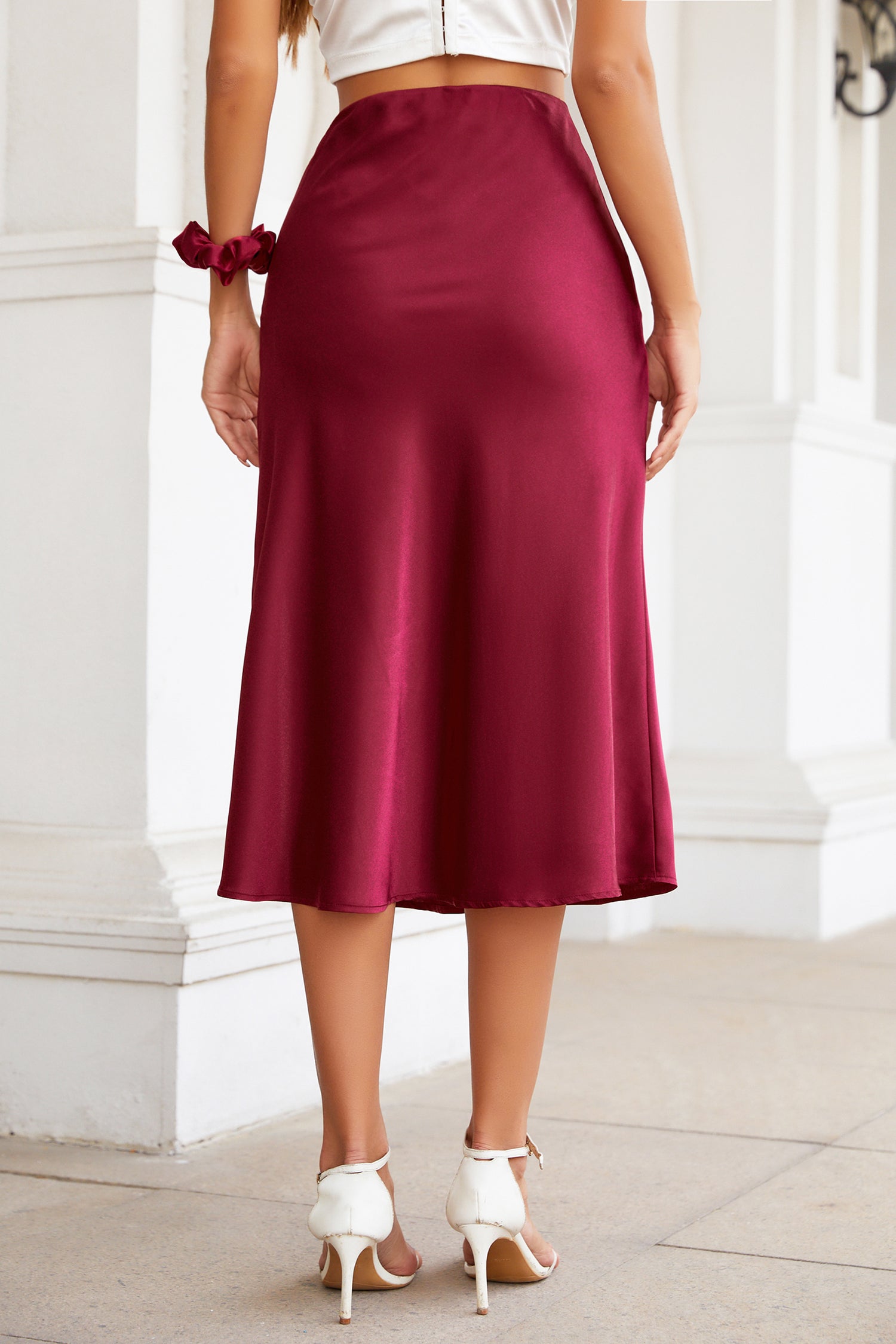 Silky Satin Midi Skirt with high Slit High Waist Wine