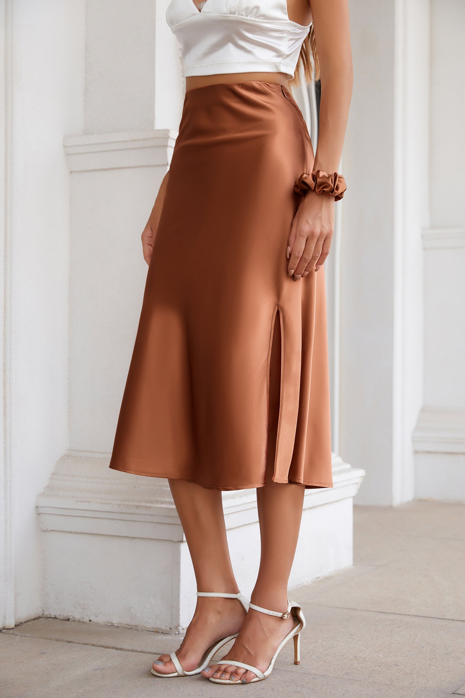 Silky Satin Midi Skirt with high Slit High Waist Caramel