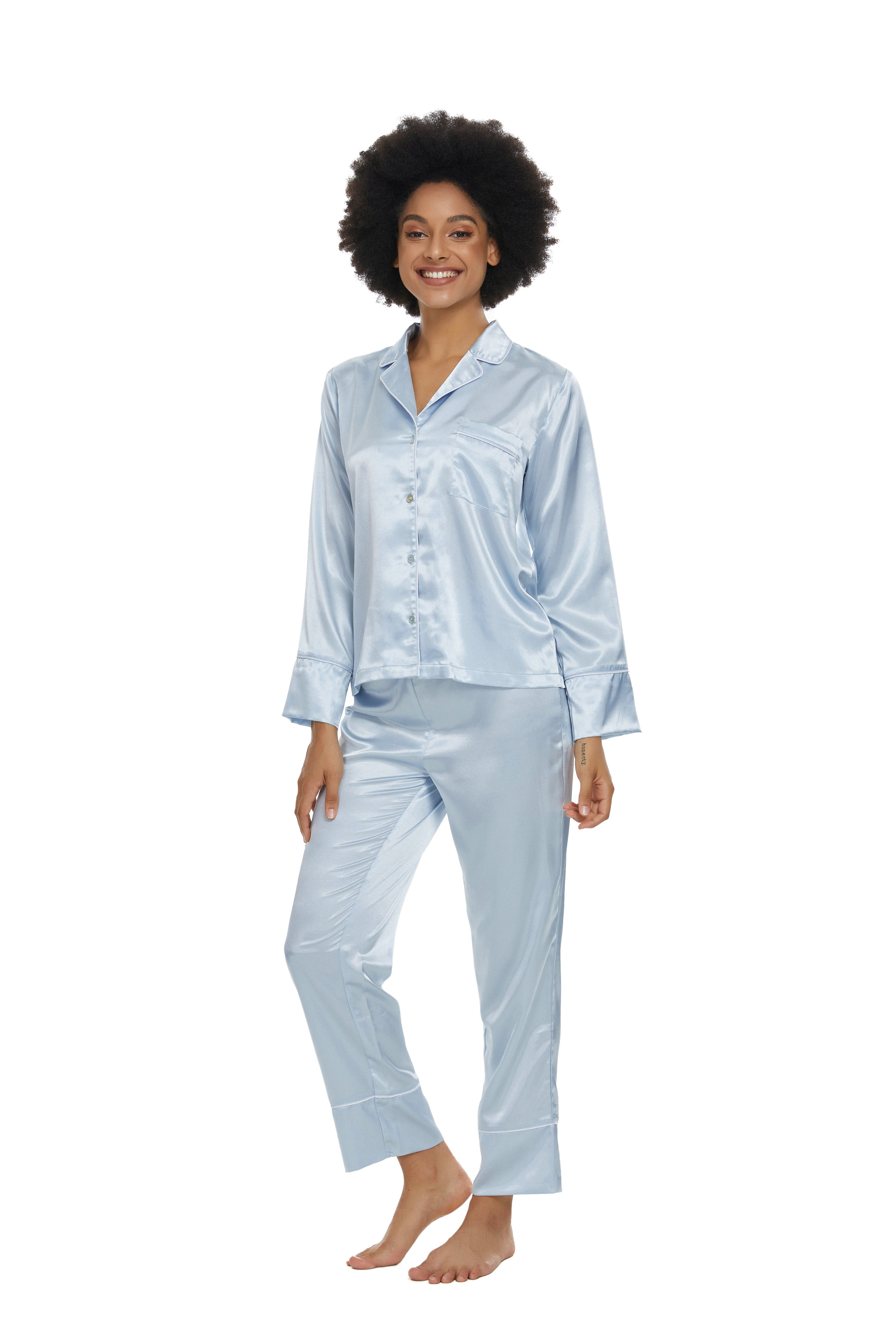 Womens Silk Satin Pajamas Set Moon Blue