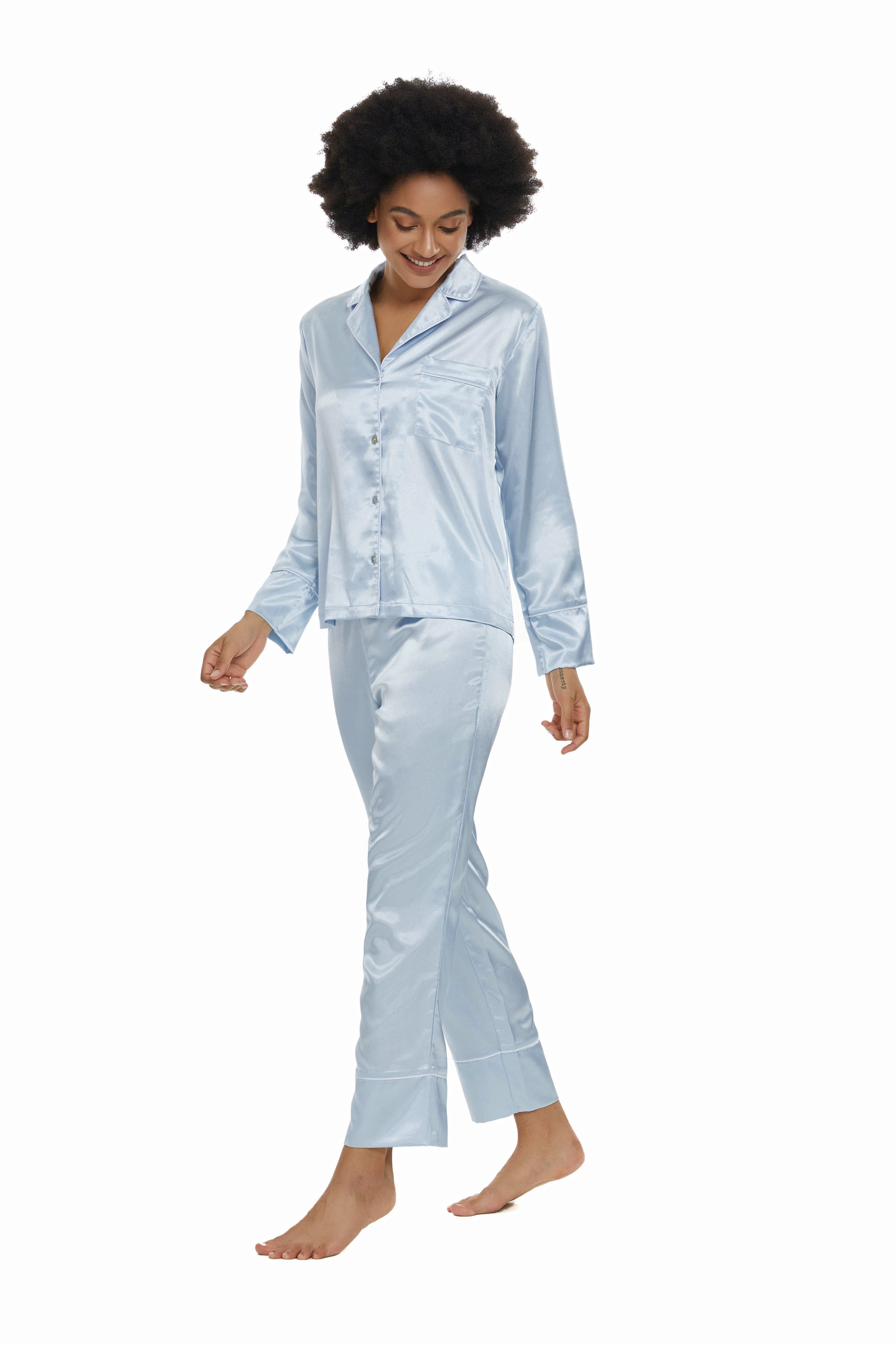 Womens Silk Satin Pajamas Set Moon Blue