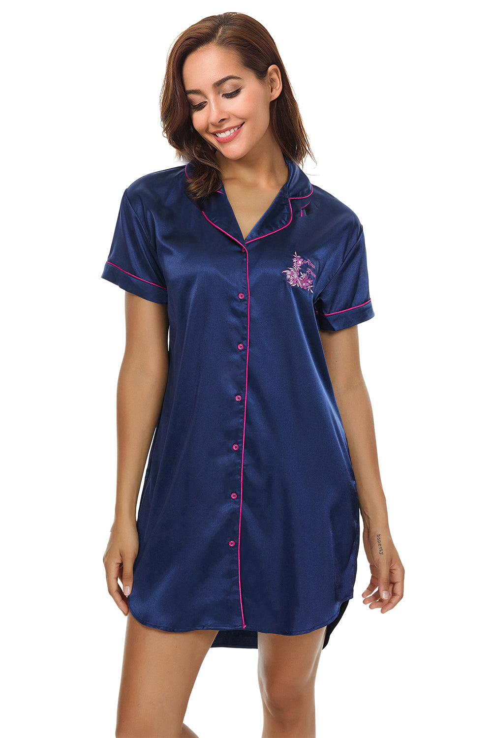 Short Sleeve Satin Boyfriend Collar Sleepwear Navy