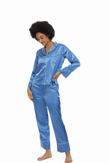 Womens Silk Satin Pajamas Set Midnight Blue