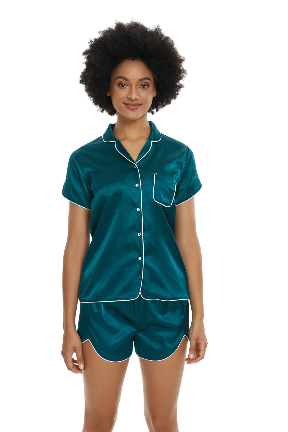 Womens Silky Satin  Short Sleeve Pajamas Set BlackishGreen