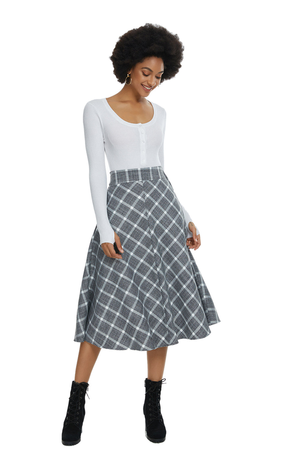 Womens High Waist Plaid Midi Skirt Grey Plaid