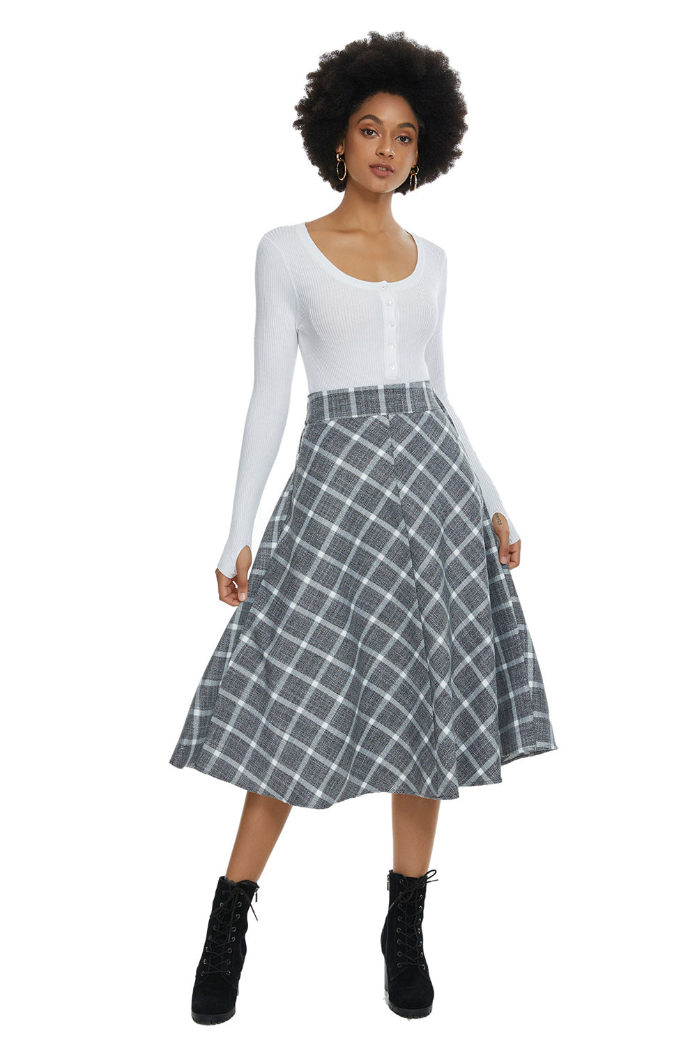 Womens High Waist Plaid Midi Skirt Grey Plaid