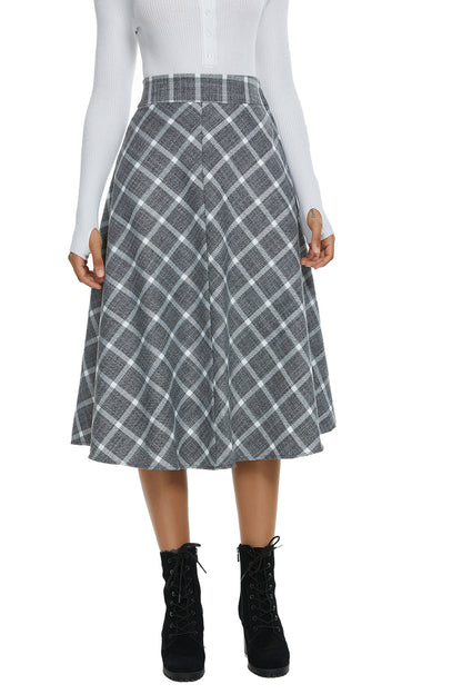 Womens High Waist Plaid Midi Skirt Grey Plaid