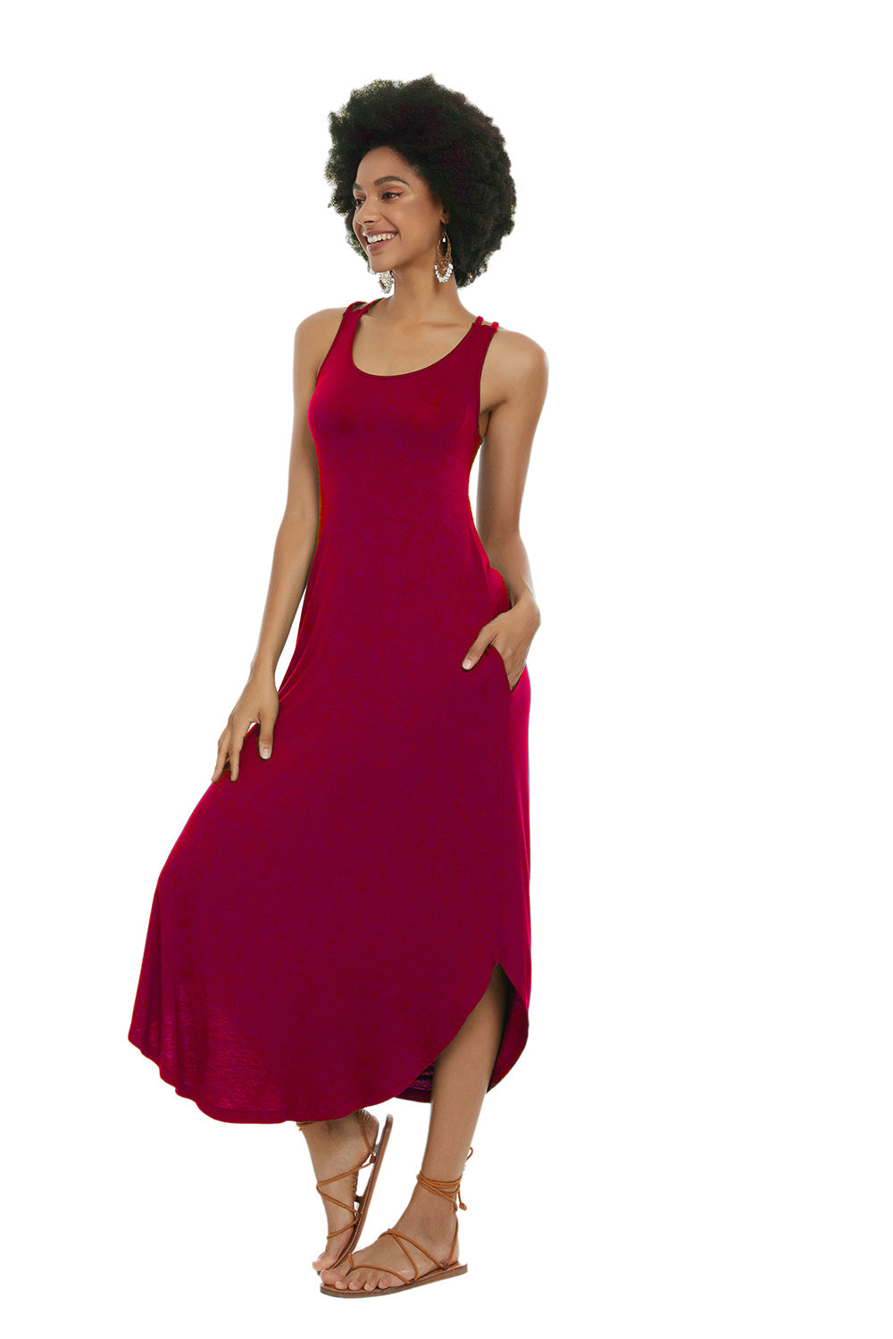 Womens Casual Sleeveless Long Sleep Dress Wine