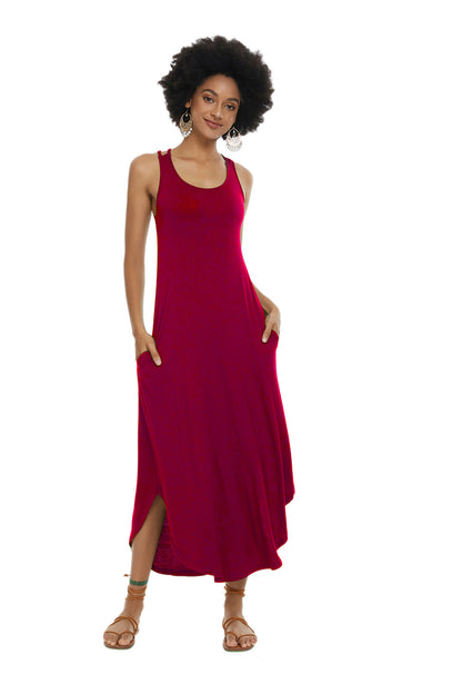 女式休闲无袖长睡裙酒红色