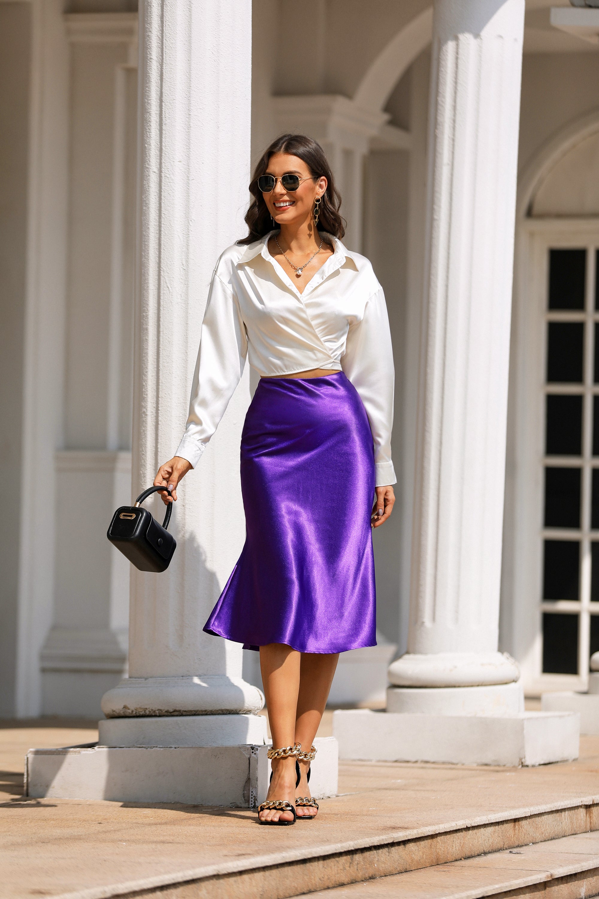 High Waist Silky Satin Fishtail Midi Skirt Purple