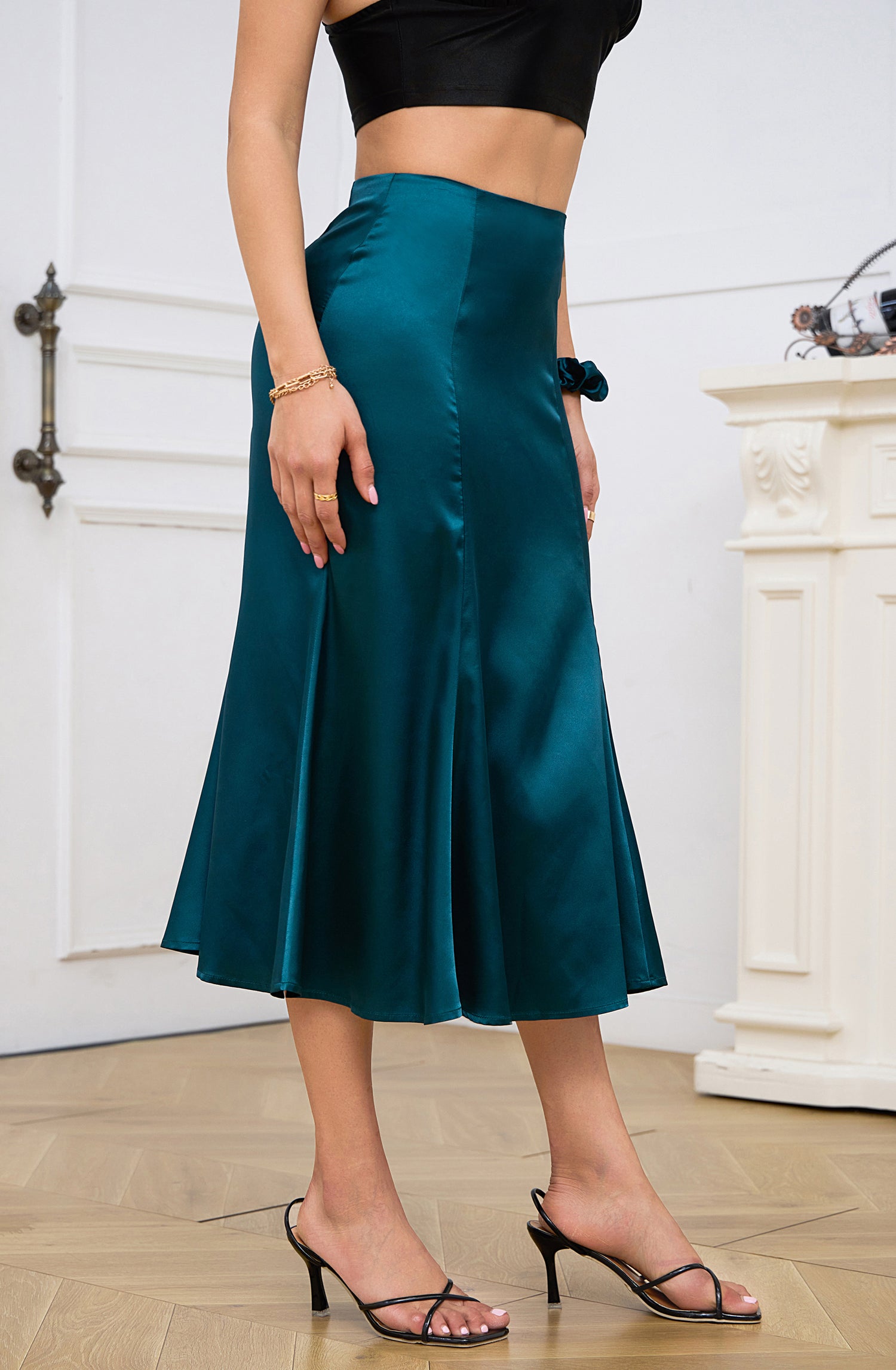 Alcea Rosea Womens Satin Midi Skirt A Line High Waist Silk Flared Solid Slip Skirts Casual Elegant Blackish Green