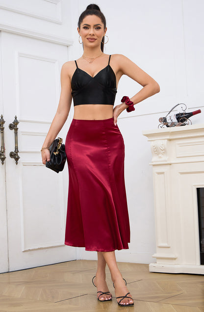 Alcea Rosea Womens Satin Midi Skirt A Line High Waist Silk Flared Solid Slip Skirts Casual Elegant Wine