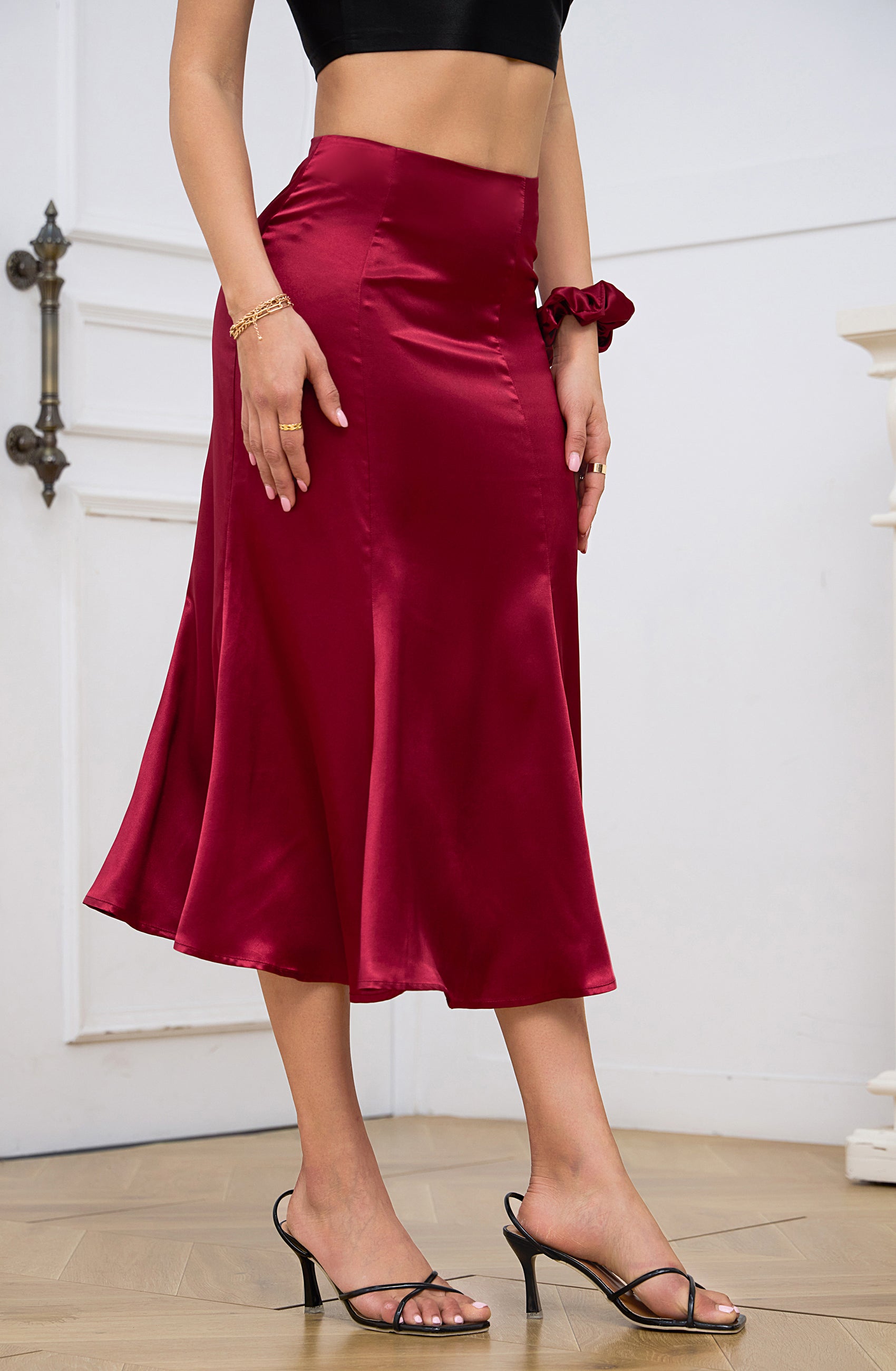 Alcea Rosea 女式缎面中长裙 A 字型高腰真丝喇叭纯色吊带裙休闲优雅酒红色