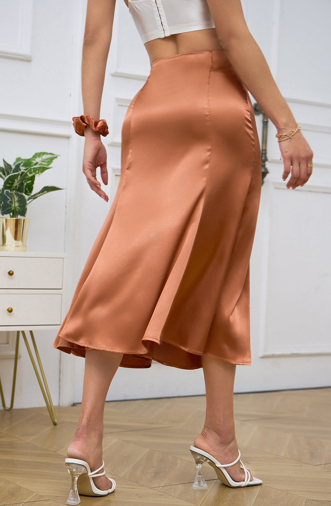 Alcea Rosea Womens Satin Midi Skirt A Line High Waist Silk Flared Solid Slip Skirts Casual Elegant Carmel