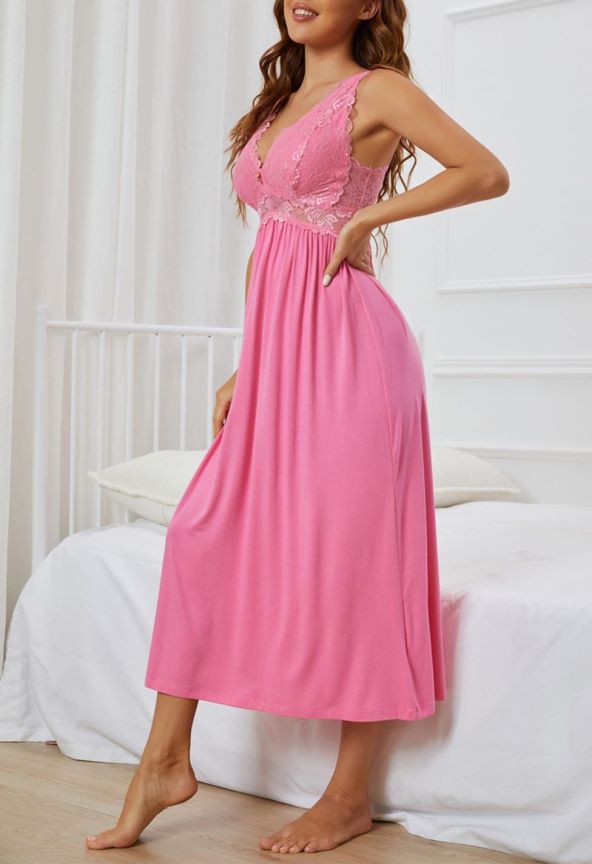Sexy Lace Jersey Elegant Long Nightgown Chemises Bright Pink