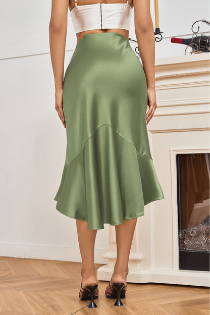 ALCEA ROSEA 女式高腰缎面半身裙鱼尾丝质紧身半身裙弹力美人鱼铅笔中长裙苔藓绿
