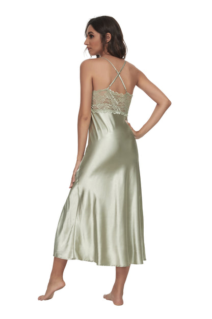 Sexy V-neck Nightgown Lace Lingerie Chemises Sleeveless Sleep Dress For Women Elegant Mossgreen