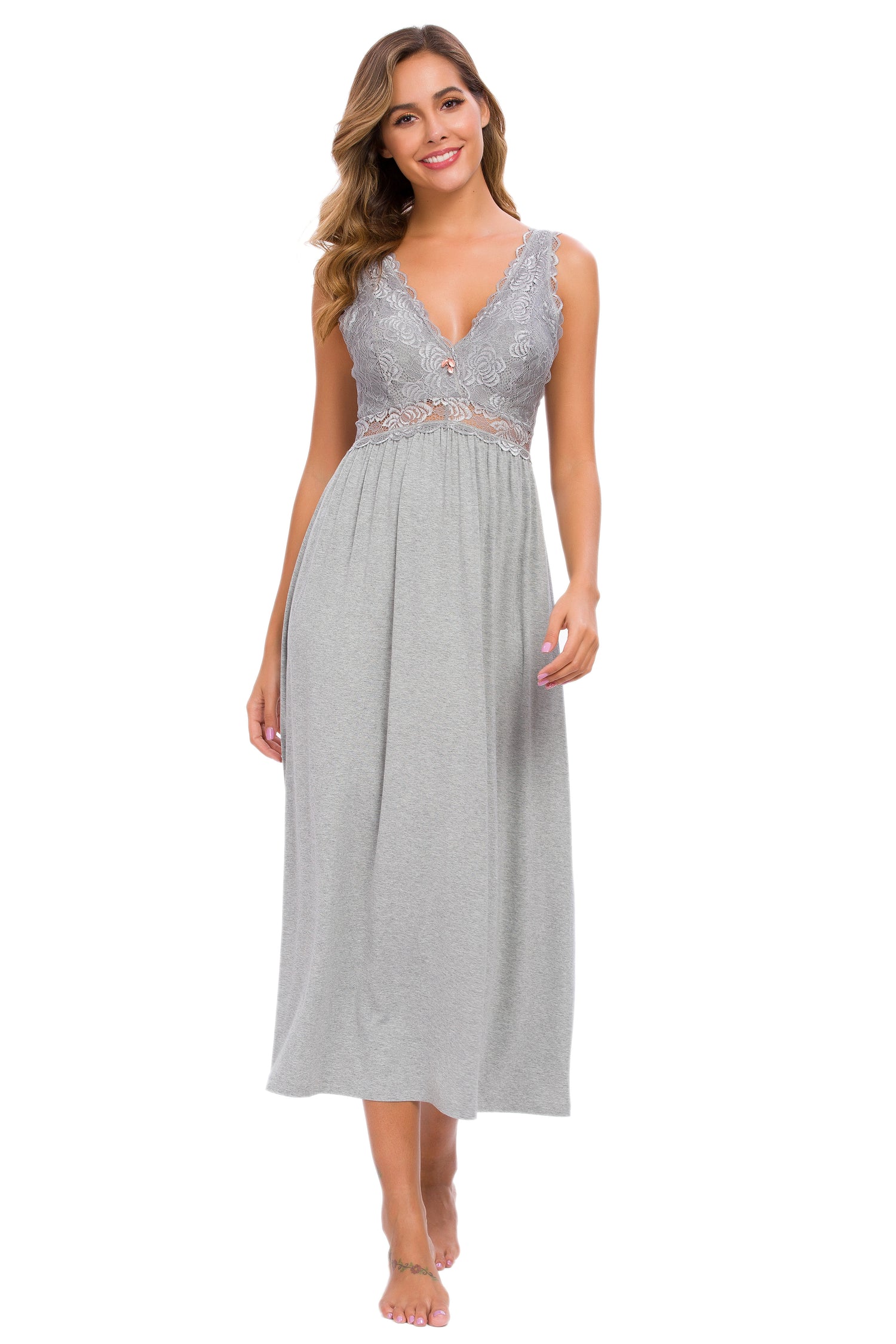 Sexy Lace Jersey  Elegant Long Nightgown Chemises Grey
